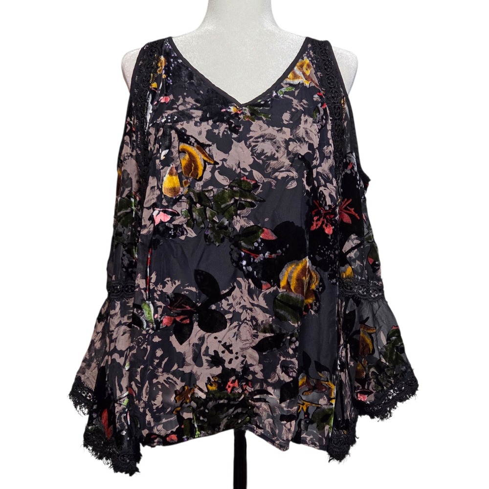Bronte Floral Velvet Burnout Top Lace Whimsigoth Dark Romantic Boho‎ Womens M